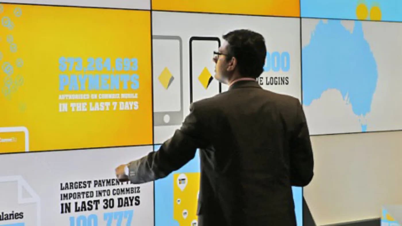 A visitor at the live payments data wall in the CBA Innovation Lab, South Eveleigh, Sydney