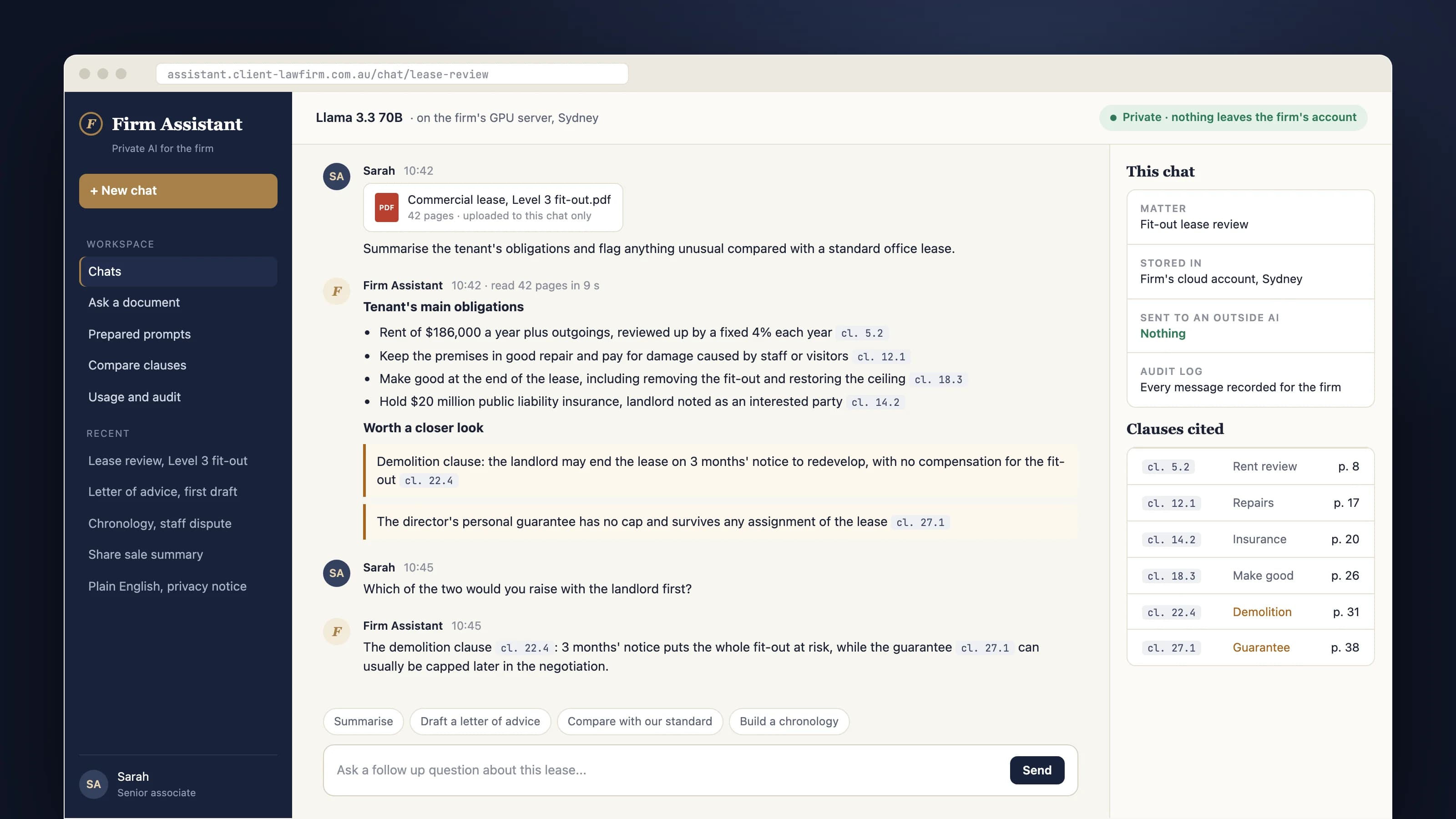 An office AI assistant, without the data leaving: the main product screen